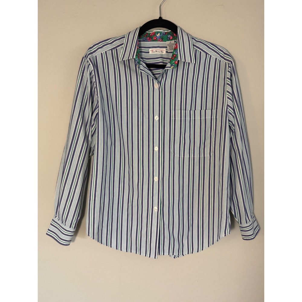 Vintage Talbots Striped Cotton Button Down Shirt Floral Trim Blue Green Small